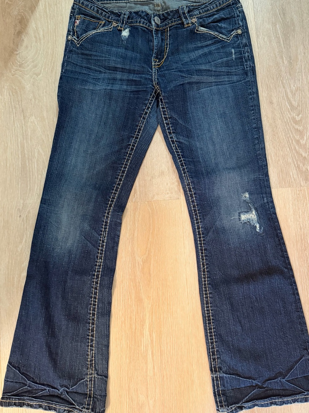 MEK Dark Indigo Flare Jeans with Distressed Detail